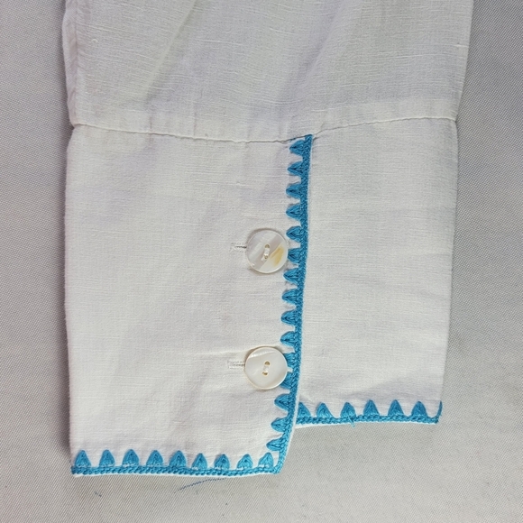 Soft Surroundings Tunic Size XL White Blue Trim Step Hem Pocket Linen Cotton - Picture 4 of 10